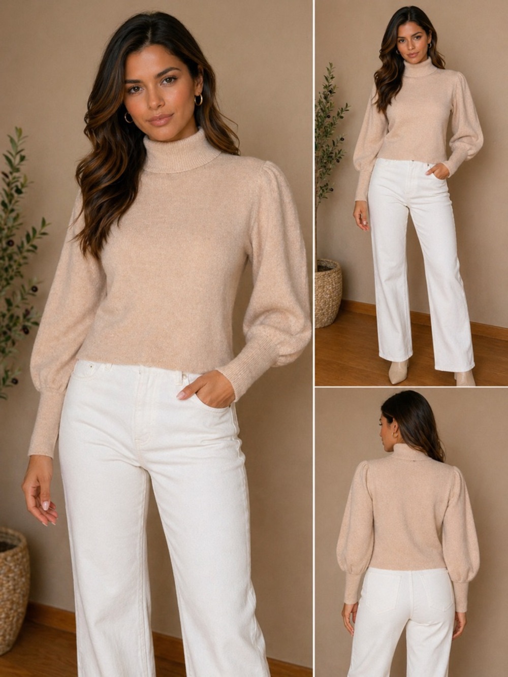 513. Wool Neutral Turtleneck Sweater with Puff Sleeves
